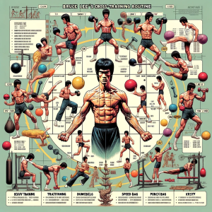 Here's the illustration based on Bruce Lee's cross-training routine from 1970, highlighting the various aspects of his fitness and martial arts training.