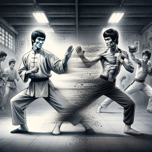 Here's the image based on the description of Bruce Lee's evolution in martial arts, transitioning from traditional Wing Chun to incorporating Western-style boxing techniques.