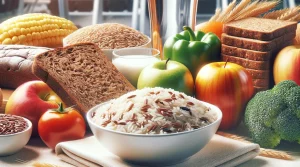 Here is the image depicting a meal setting with complex carbohydrate sources such as brown rice, whole grain bread, and other whole grains, arranged on a table.