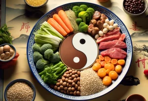Here's the image based on traditional Chinese dietary principles, focusing on the yin and yang of food. It features a balanced meal arranged on a traditional Chinese plate, capturing the essence of harmony in nutrition. Feel free to take a closer look and let me know if there's anything else you'd like to adjust!